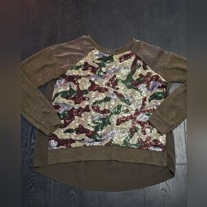 Miss Me Olive Green Multi-Sequin Camo Long Sleeve Top